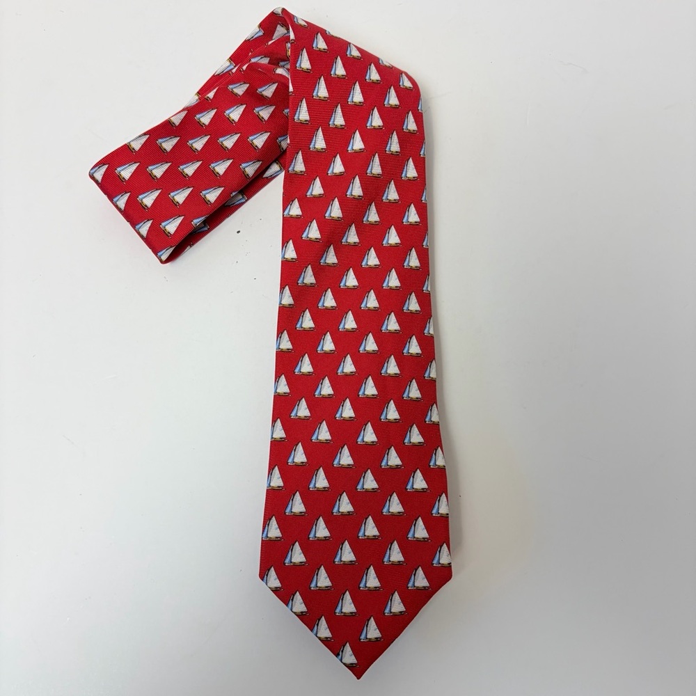 J. Crew The‎ Narrow Tie Red Sailboat 100% Silk Tie